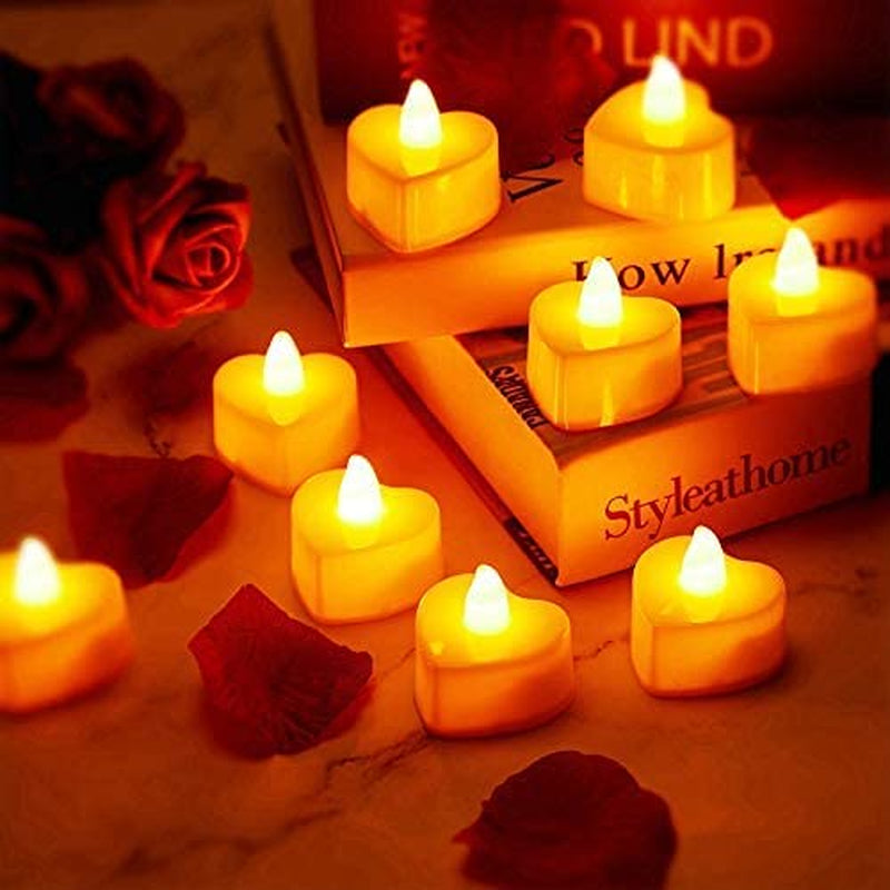 12 Pieces Heart Shape LED Tealight Candles Love LED Candles with 200 Pieces Silk Rose Petals Girl Scatter Artificial Petals for Valentine'S Day Wedding Table Party Decor (Yellow Light, Dark Red Petal)