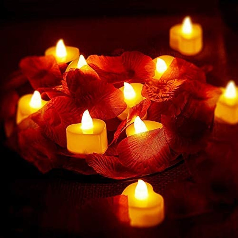 12 Pieces Heart Shape LED Tealight Candles Love LED Candles with 200 Pieces Silk Rose Petals Girl Scatter Artificial Petals for Valentine'S Day Wedding Table Party Decor (Yellow Light, Dark Red Petal)