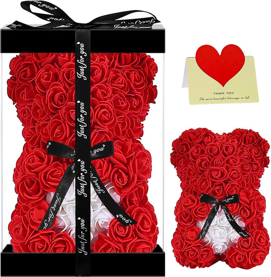 "Rose Bear -Adorable-A Delightful Gift for Mom or any Woman in Your Life- Ideal for Valentines Day, Mothers Day, Anniversaries, and Birthdays! Includes Clear Gift Box