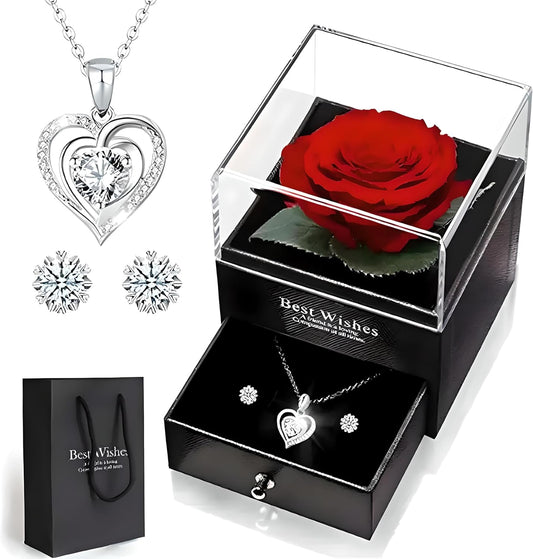 Red Rose Flower Surprise Box: Perfect for Valentine's, Anniversaries, and Birthdays!  Includes a red rose, a glass vase, a necklace, and a pair of earrings