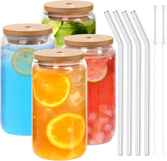 18.6Oz 540ML Drinking Glasses Can Shaped Glass Cups with Bamboo Lids and Glass Straws for Beer Iced Coffee Wine Cocktail